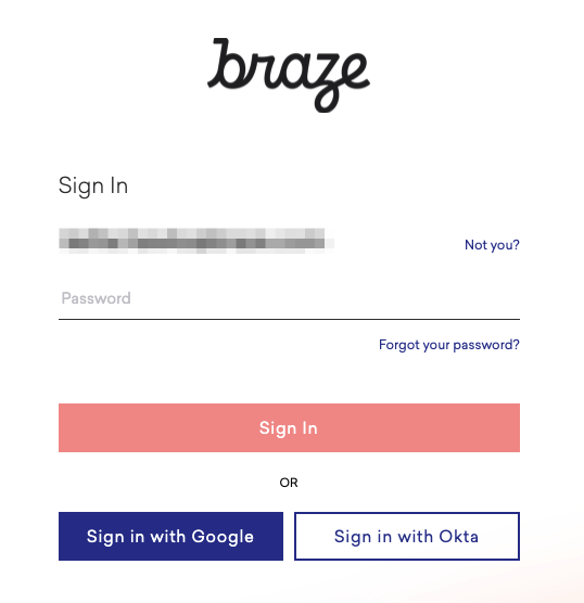 Braze dashboard login with Okta SSO enabled.