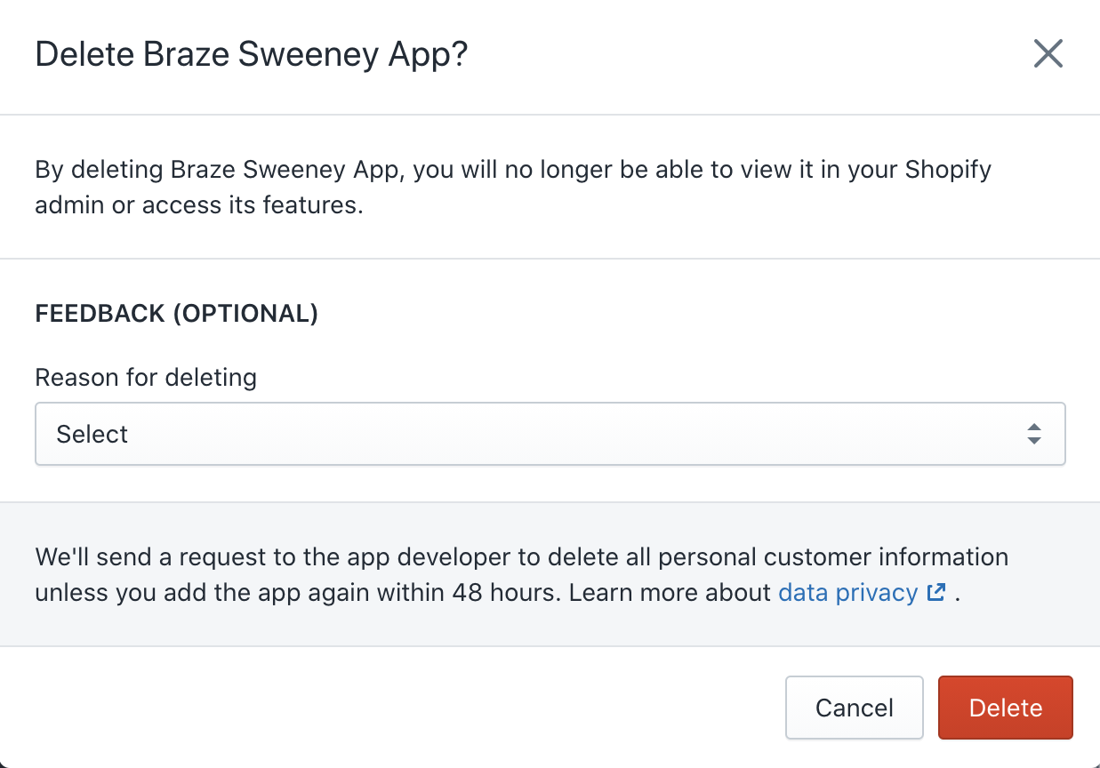 A modal asking for confirmation you'd like to delete the Braze app.