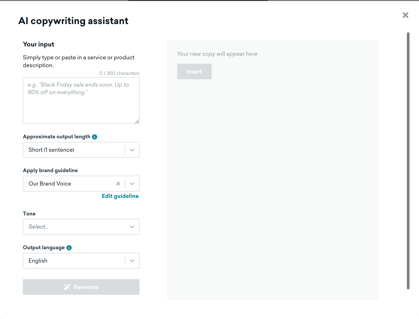 AI copywriting assistant modal showing various features available"