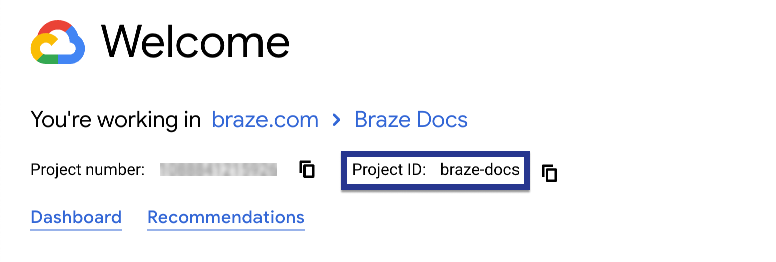 The Google Cloud project's home page with the "Project ID" highlighted.