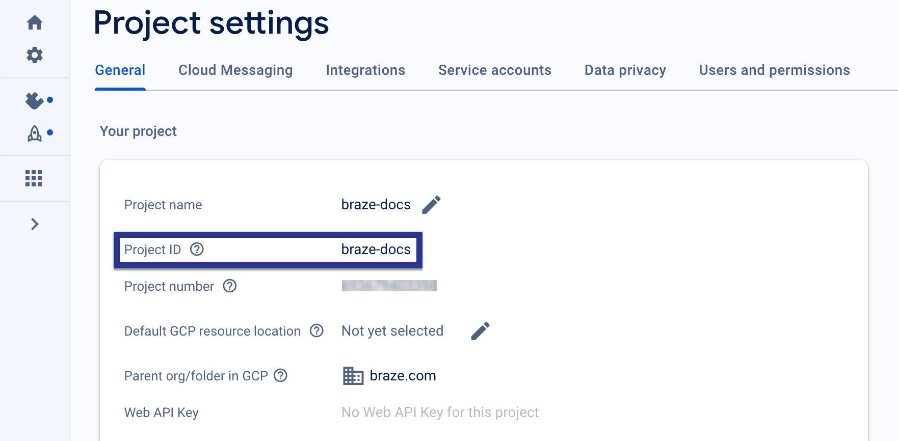 The Firebase project's "Settings" page with the "Project ID" highlighted.