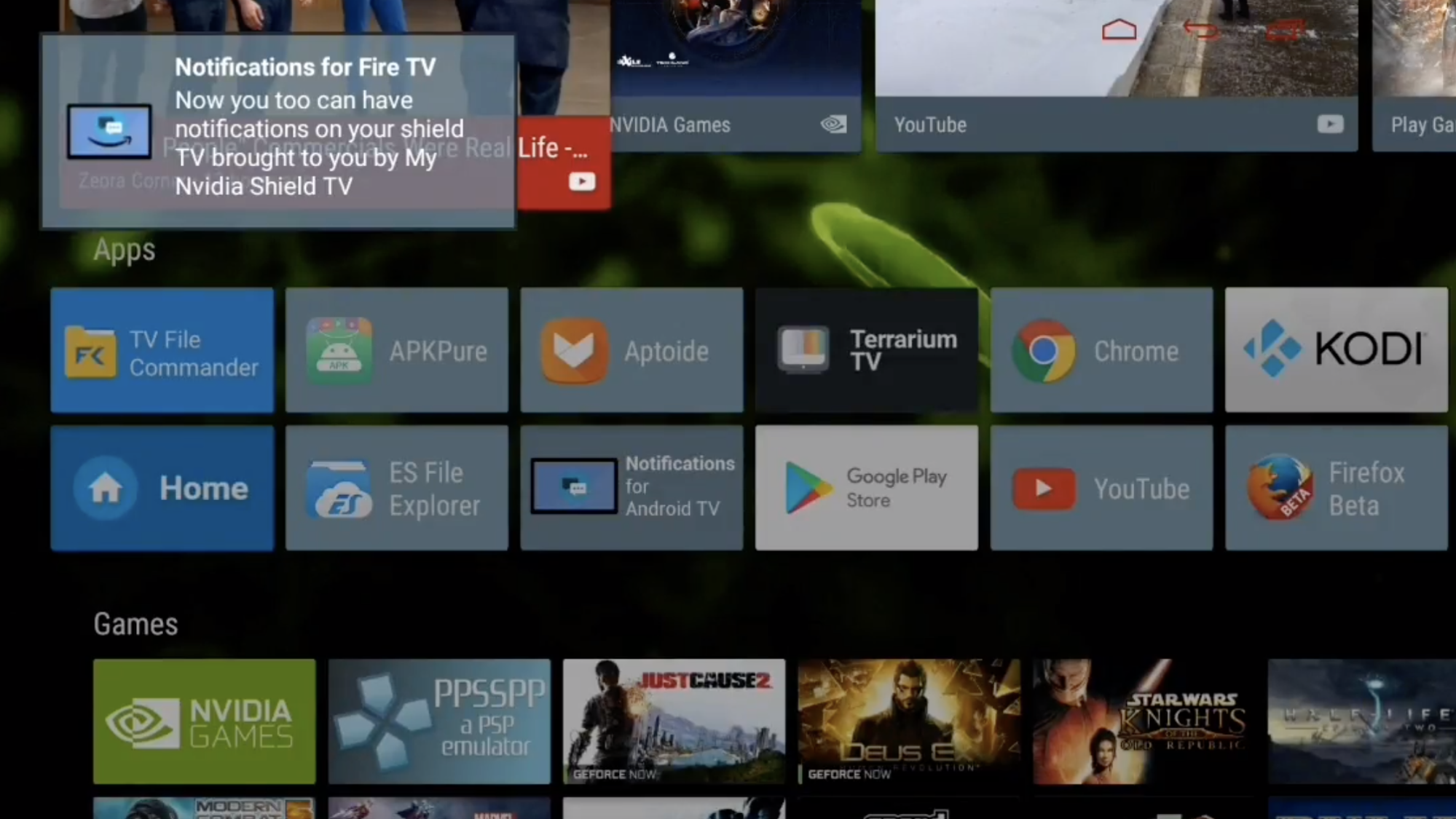 An Android TV displaying a push notification in the upper left corner of the screen.