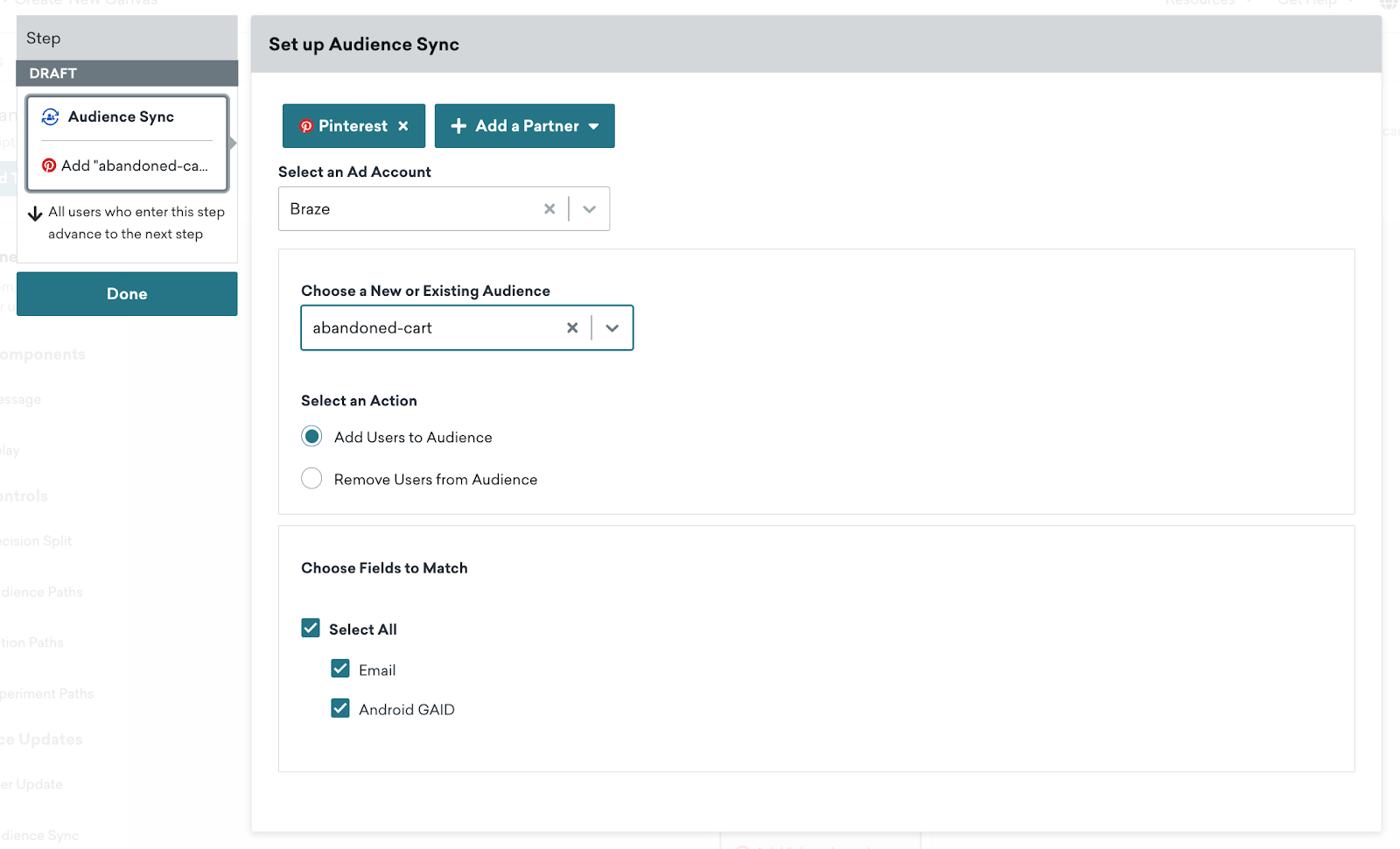 Expanded view of the Custom Audience Canvas step. Here, the desired Ad account and existing audience are selected.