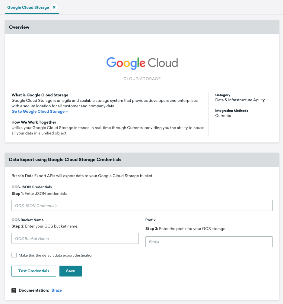 The Google Cloud Storage page in the Braze dashboard.