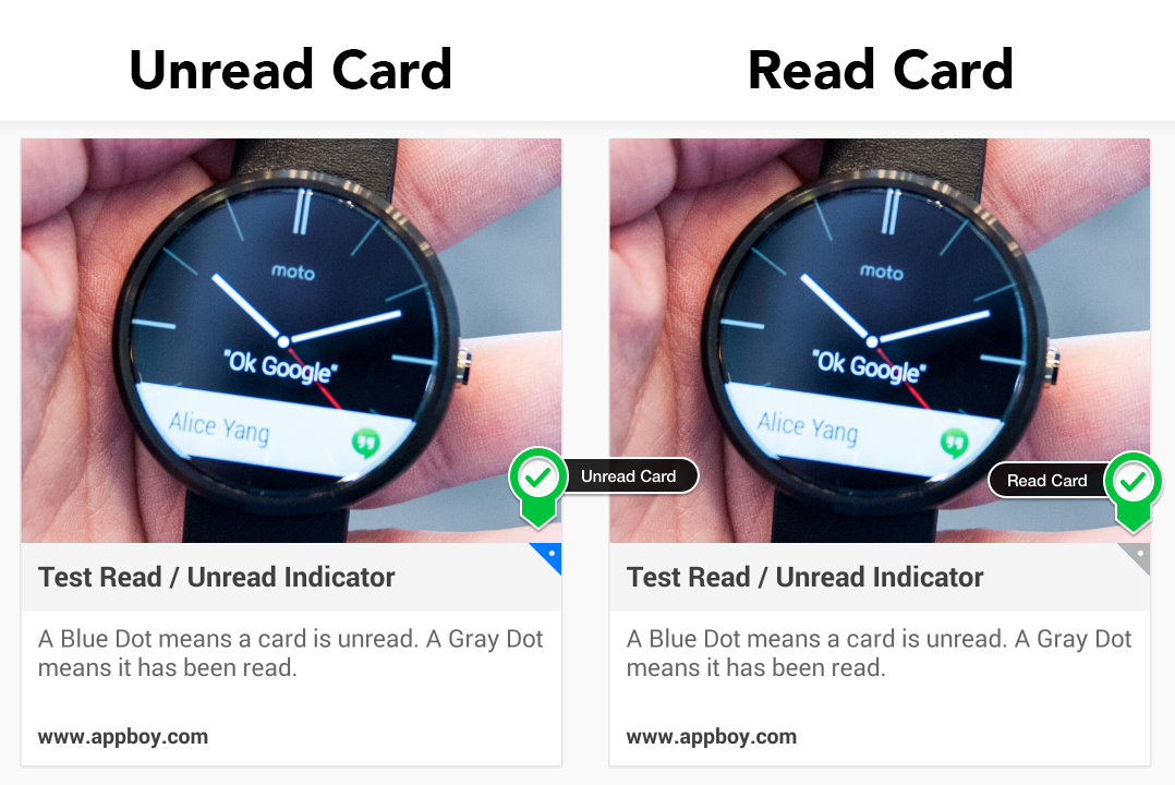 A News Feed card showing an image of a watch along with some text. In the upper corner of the text is a blue or gray triangle that indicates if a card has been read or not. A blue triangle signifies that a card has been read.