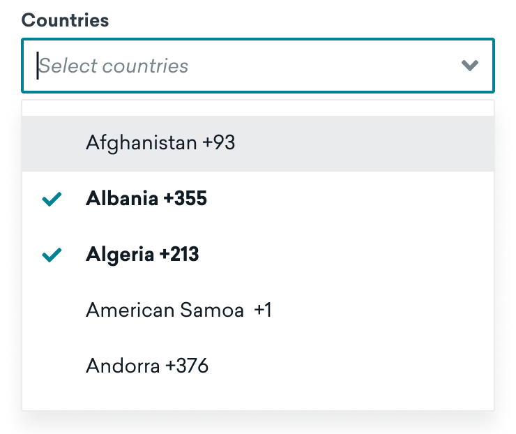 Countries dropdown to select the countries from which you want to collect numbers.