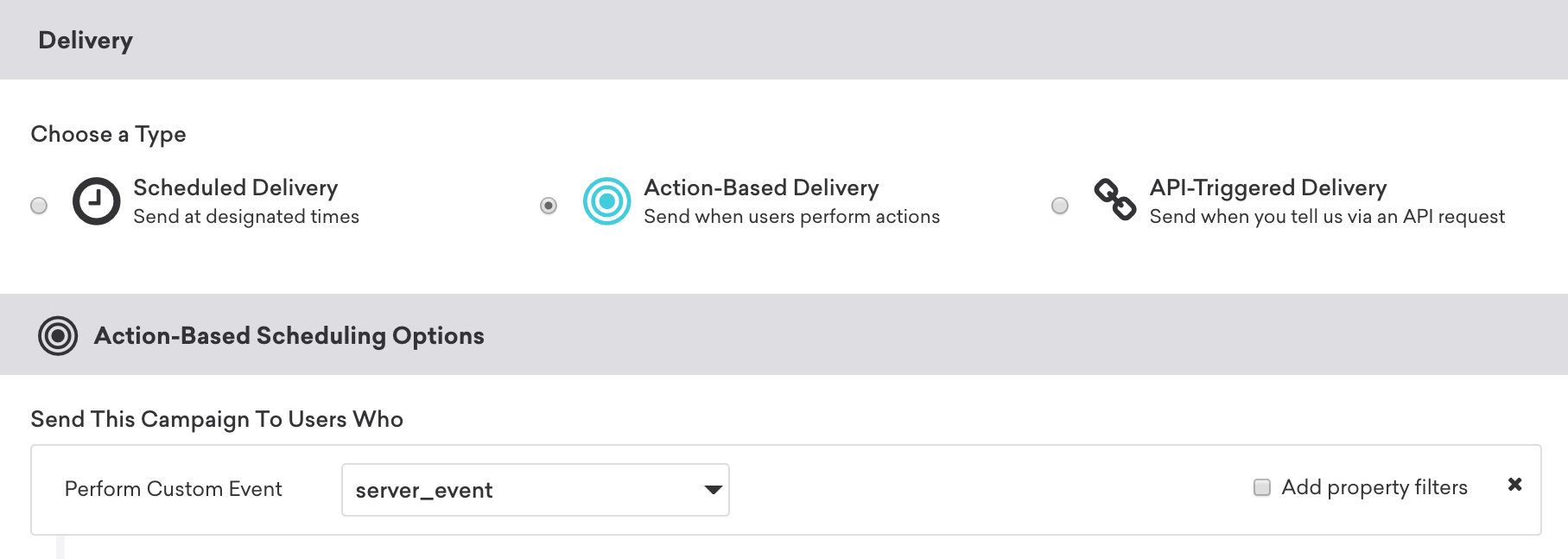An action-based delivery in-app message campaign that will be delivered to users whose user profiles have the custom event "server_event".